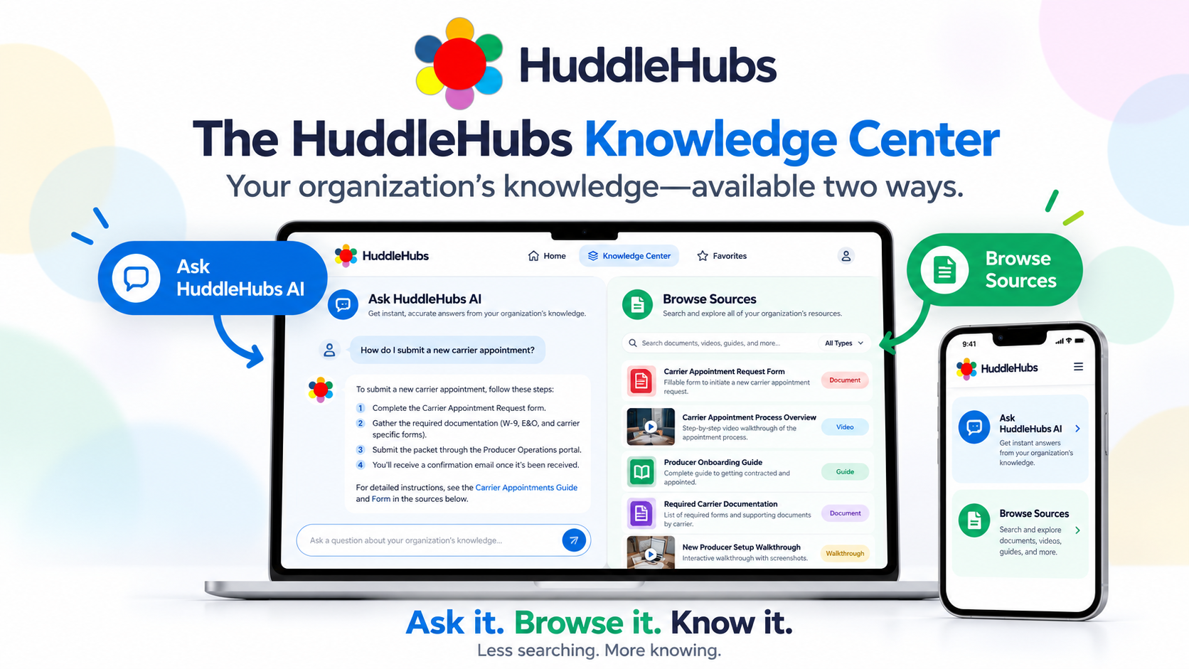 Illustration of the HuddleHubs Knowledge Center showing Ask HuddleHubs AI and Browse Sources